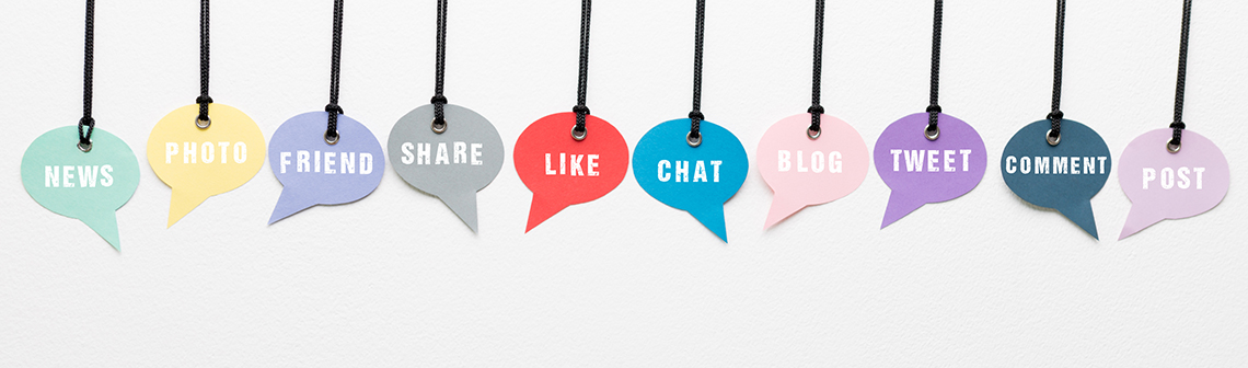 Social Media actions tweet, share, like, comment and post in thought bubbles